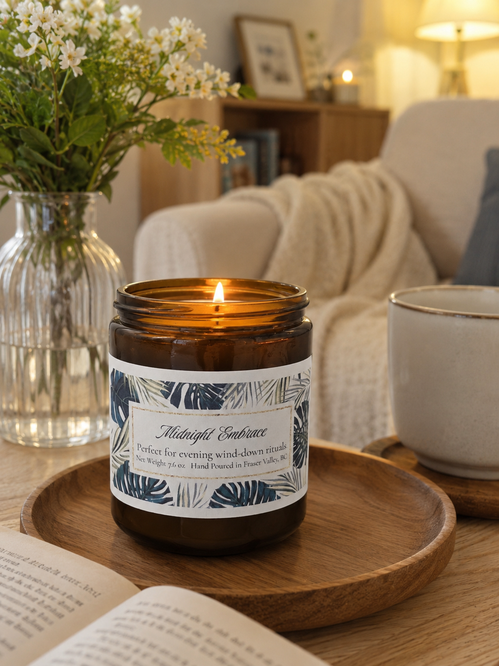 Inspired by the quiet beauty of a starlit night garden, our Midnight Embrace candle is designed to bring calm, comfort, and balance to your evening routine. Housed in a warm amber glass jar, it casts a cozy, golden glow—transforming your bedroom into a peaceful sanctuary.