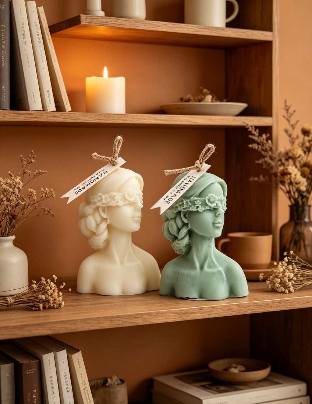 Intricately sculpted with a delicate floral blindfold woven across her gaze, soft curled hair, and a graceful neck silhouette, this hand-poured candle carries an air of serene calm and poetic mystique.