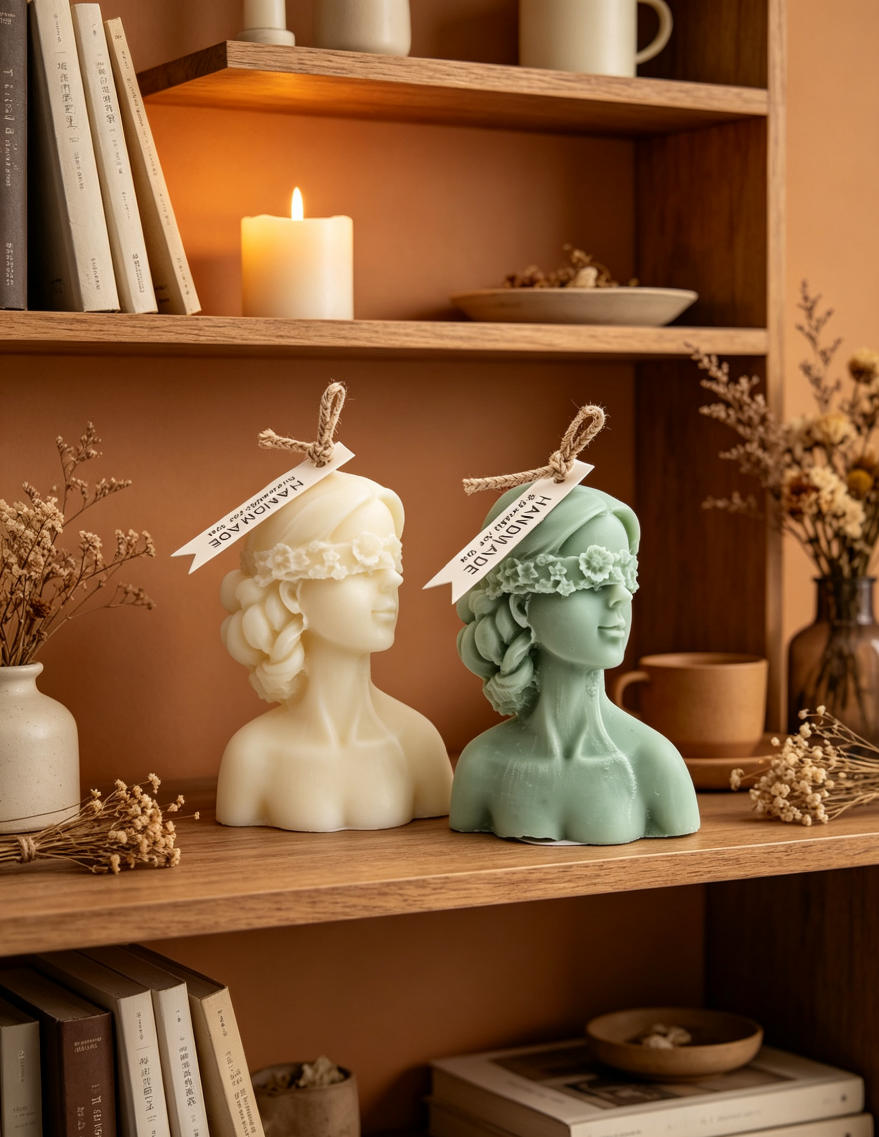 Intricately sculpted with a delicate floral blindfold woven across her gaze, soft curled hair, and a graceful neck silhouette, this hand-poured candle carries an air of serene calm and poetic mystique.